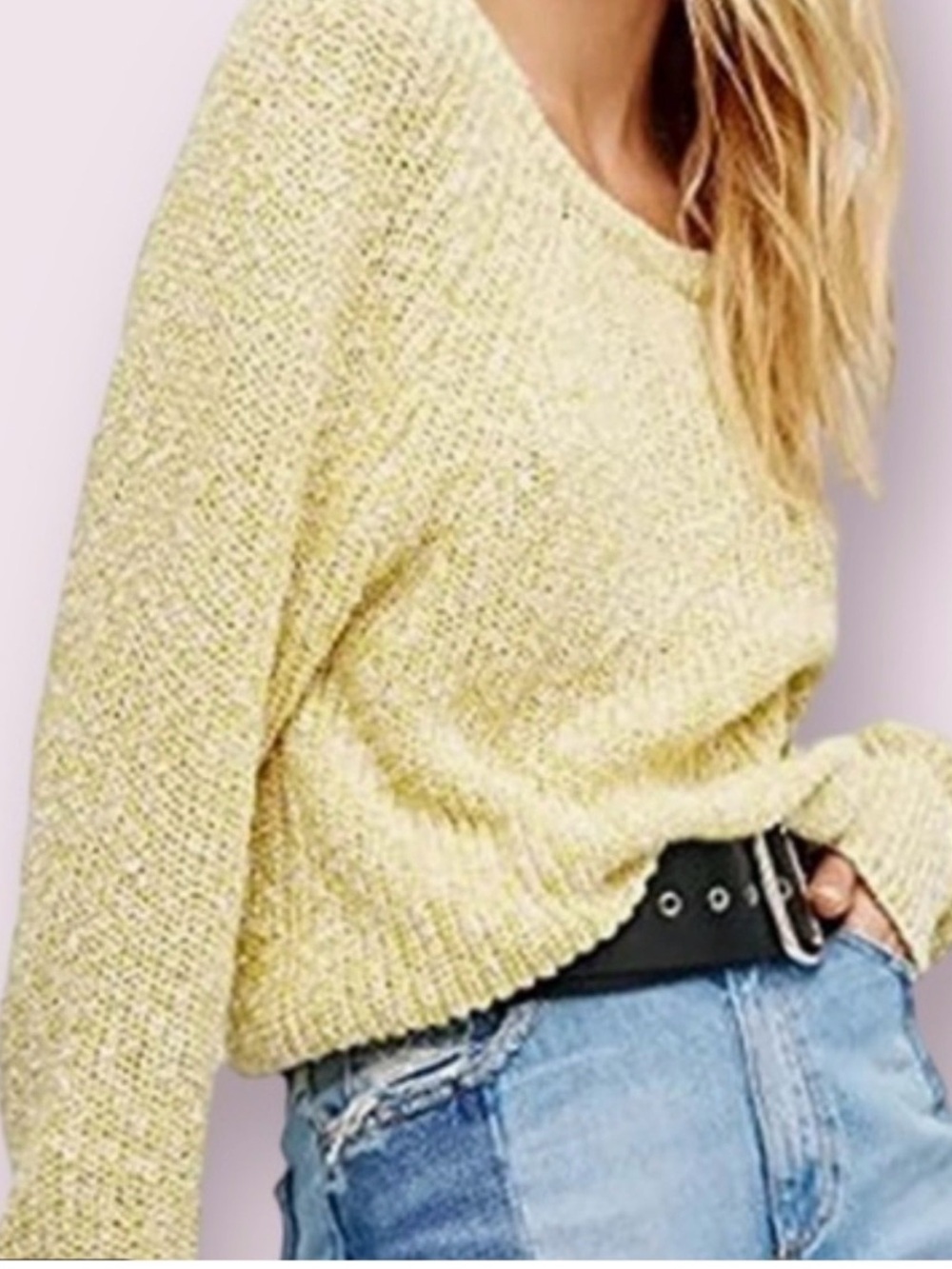 Free People Women's Crewneck Sweater in Light Yellow cotton and linen blend